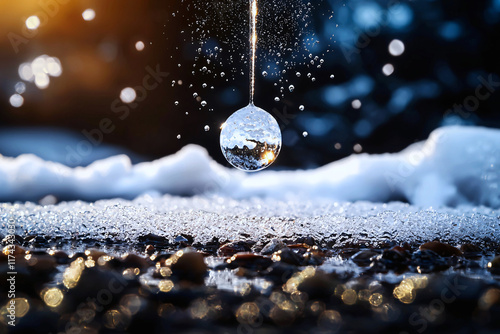 A faucet drip freezes into a crystal sphere, illustrating water value and raising wastage awareness photo