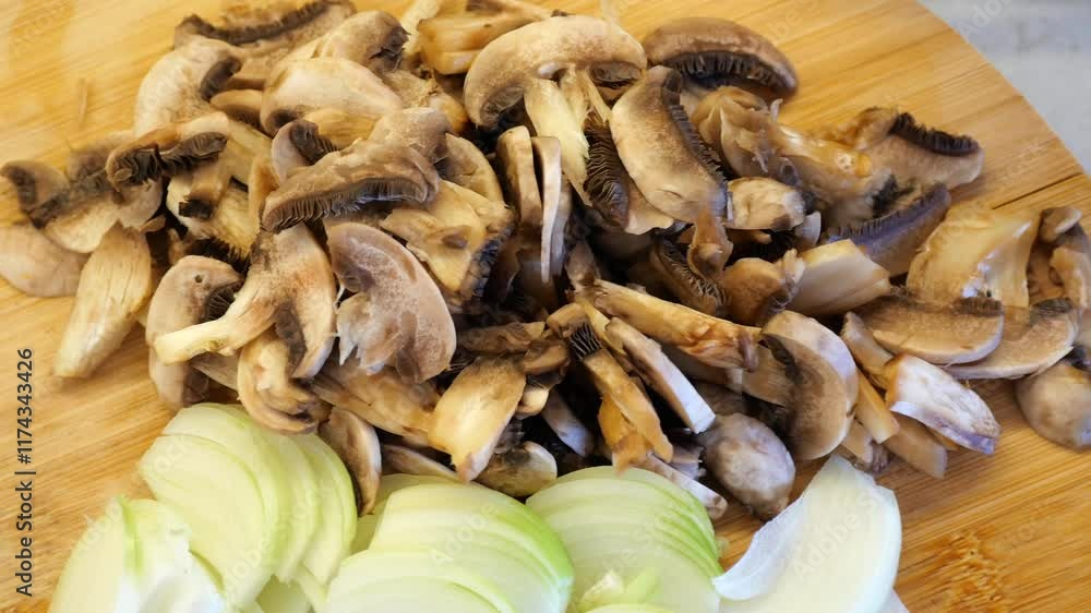 Chopped Fresh Mushrooms Placed on a Rustic Wooden Cutting Board for Various Culinary Creations Chopped Fresh Mushrooms Placed on a Rustic Wooden Cutting Board for Various Culinary Creations