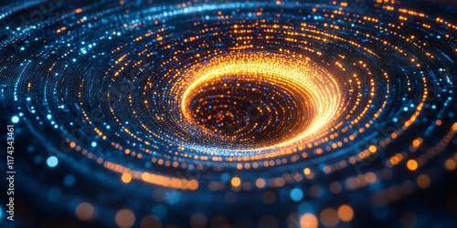 Digital art depicting a swirling vortex of luminous particles in shades of blue and orange.