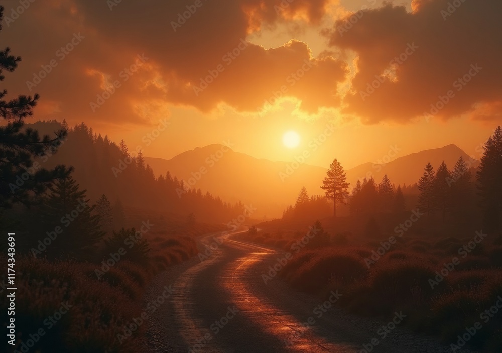 Obraz premium Sunset over winding river in serene forest landscape with dramatic clouds