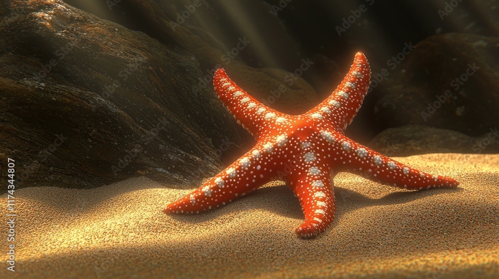 A vibrant starfish resting on sandy ocean floor. A vibrant starfish resting on sandy ocean floor.