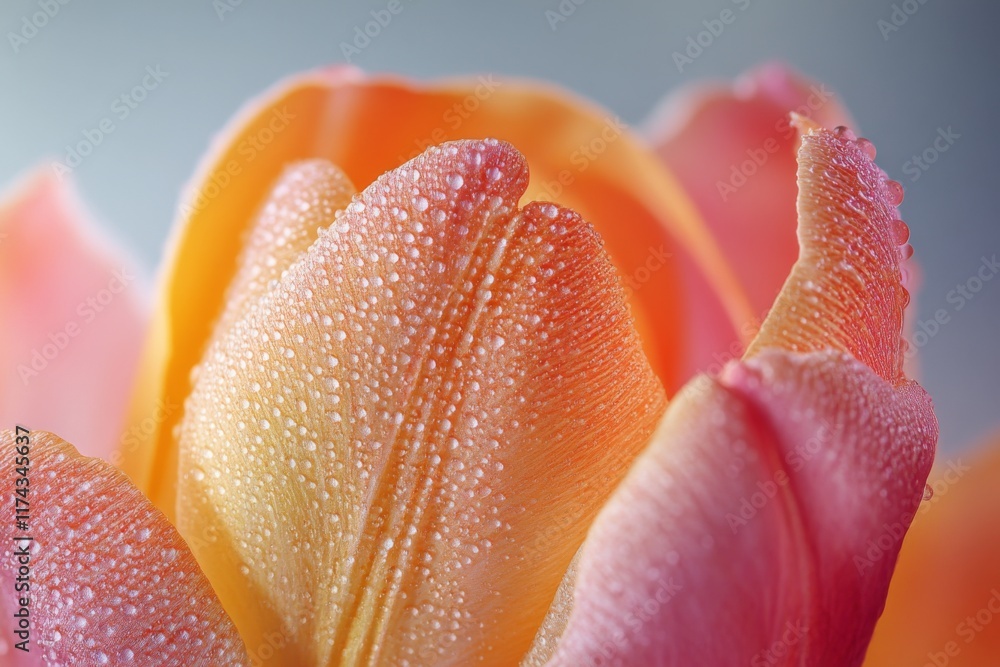 Closeup of a tulip covered in dew drops under soft sunlight Closeup of a tulip covered in dew drops under soft sunlight