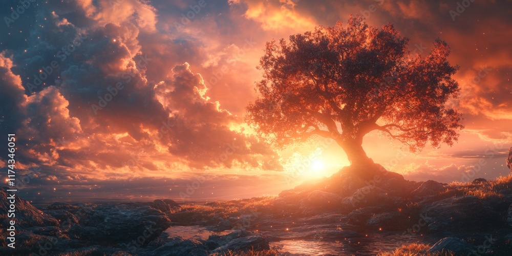 Obraz premium Dramatic sunset over a fiery sky and ocean waves