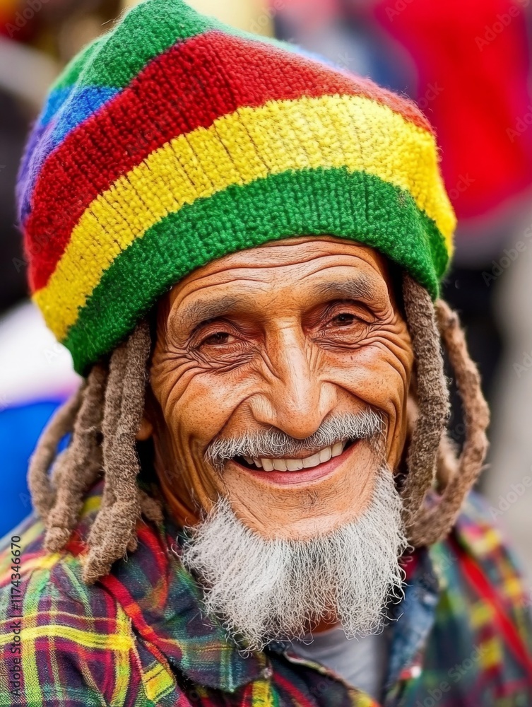 Elderly man smiling wearing a colorful hat in a vibrant outdoor setting during a cultural celebration Elderly man smiling wearing a colorful hat in a vibrant outdoor setting during a cultural celebration