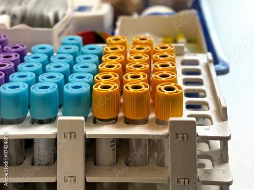 colored test tubes in a stand in a medical office at the doctor's. tests, research, laboratory in hospital,  health check-up concept, close-up photo