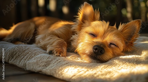 Serene Photo of an Australian Terrier Resting on a Bench photo