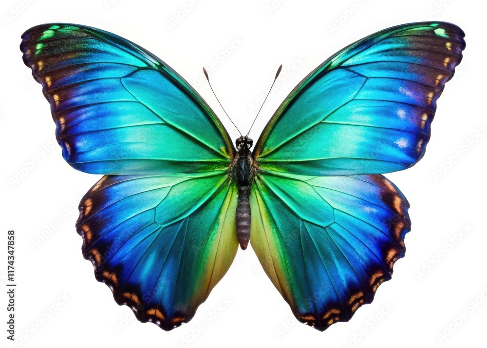 Obraz premium High-resolution macro captures a Morpho peleides, wings open, showcasing vibrant green-blue gradient iridescence.