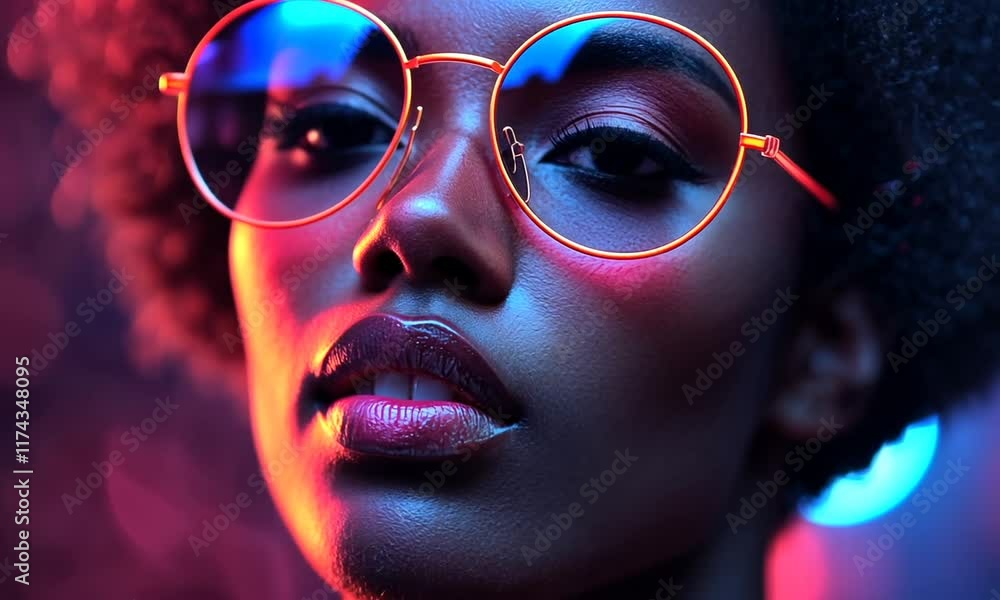 A close-up portrait of a person with vibrant glasses and dramatic lighting. A close-up portrait of a person with vibrant glasses and dramatic lighting.