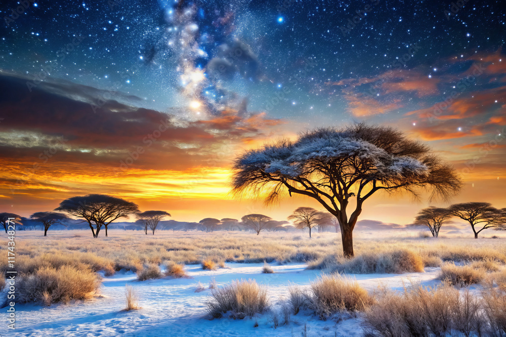 Majestic winter landscape with trees under starry sky at twilight Majestic winter landscape with trees under starry sky at twilight