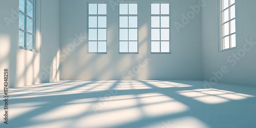 A minimalist empty room bathed in soft sunlight streaming through large windows, casting gentle shadows on the floor.
