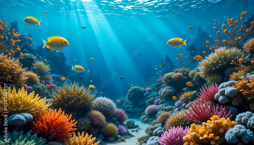 Naklejka premium Vibrant Reef: Sunlit Coral Garden with Yellow Fish