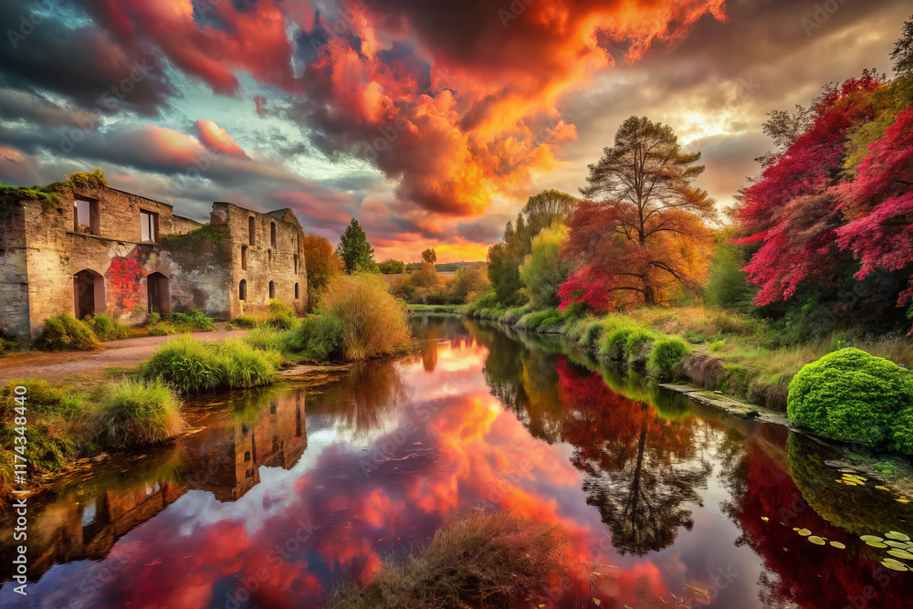 Fototapeta premium Breathtaking autumn landscape with vibrant colors reflecting in water
