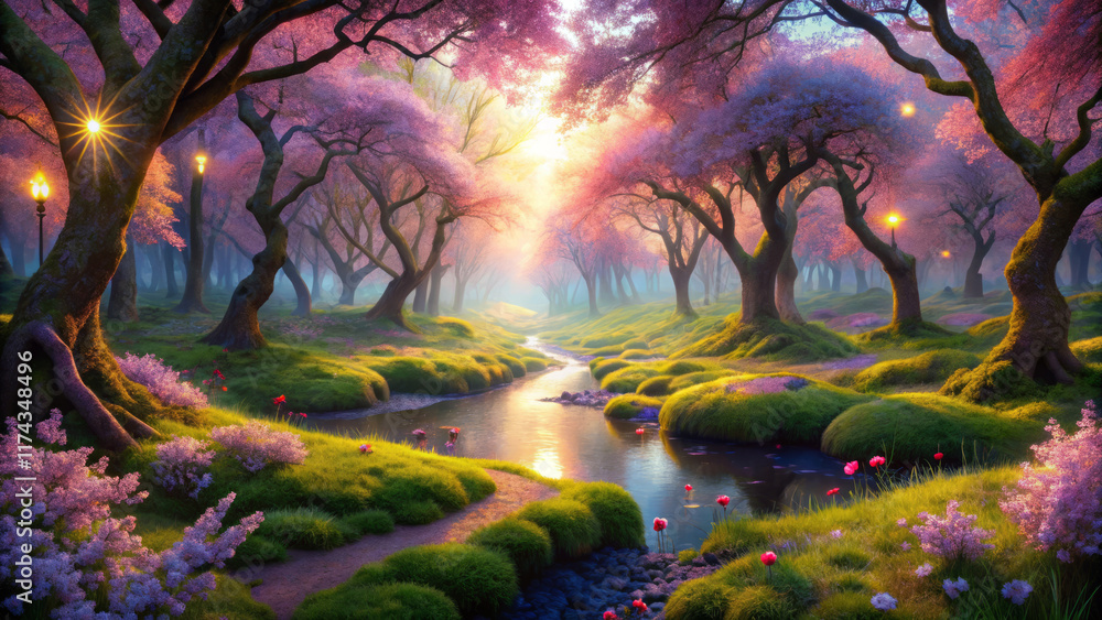 Fototapeta premium whimsical springtime forest glade with soft morning light and vibrant flowers