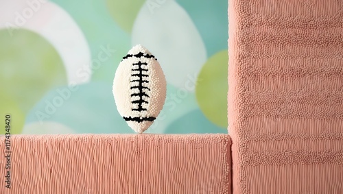 Crocheted amigurumi Rugby ball, knitted fabric handcraft , Cute symbol for rugger game banner photo