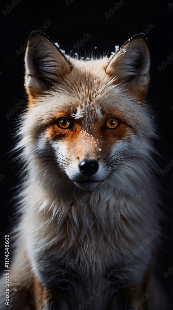 Fototapeta premium Professional winter photography of a snow fox covered in snowflakes on its fur set against a dark dramatic background