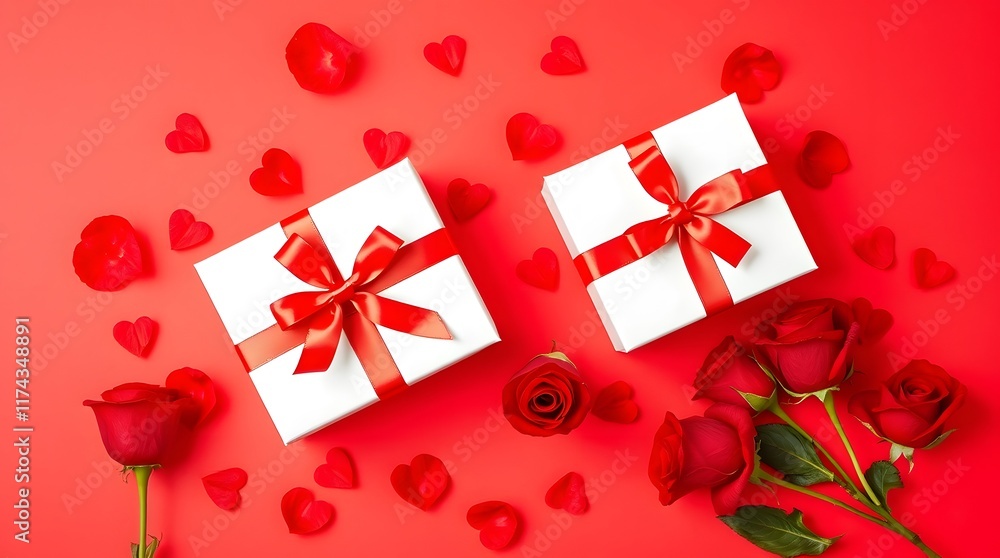 Valentine's wallpaper with red roses, gift boxes, and heart petals for a romantic celebration theme. Valentine's wallpaper with red roses, gift boxes, and heart petals for a romantic celebration theme.