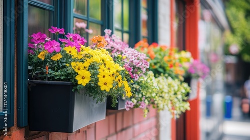Wallpaper Mural Flower filled window boxes. Closeup of colorful blooming flowers in window planters boxes adorning city building. Urban gardening landscaping design Torontodigital.ca