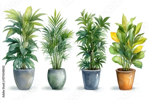 A watercolor illustration of four potted plants showcasing various greenery.