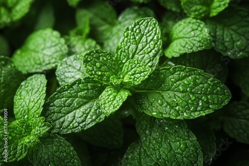 Close-up of fresh mint leaves with vibrant green tones photo