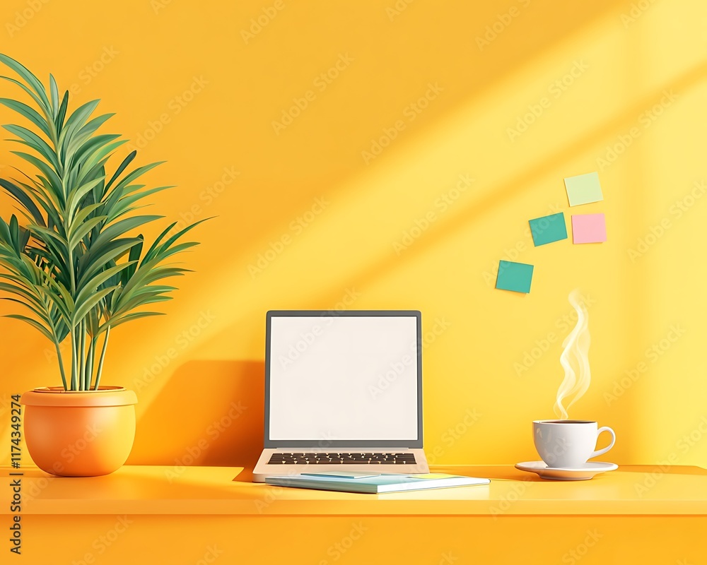 Bright and Modern Workspace Illustration Featuring a Blank Screen Laptop, Desk Plant, Coffee Cup, and Colorful Sticky Notes Against a Cheerful Yellow Background Bright and Modern Workspace Illustration Featuring a Blank Screen Laptop, Desk Plant, Coffee Cup, and Colorful Sticky Notes Against a Cheerful Yellow Background