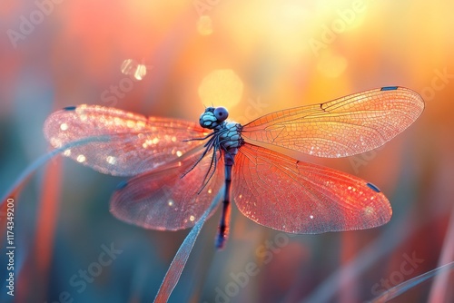 Close-up of a dragonfly resting on a dew-covered branch photo