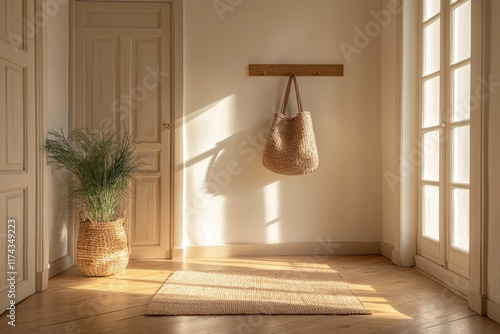 Sunlit minimalist hallway with a wooden bench and hanging decor photo