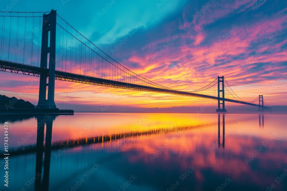 Fototapeta premium Golden suspension bridge during a vibrant sunset with reflections on water