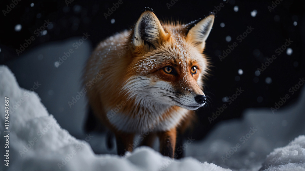 A snow fox in winter with snowflakes delicately resting on its fur professionally captured in a dark setting to enhance the scene's beauty A snow fox in winter with snowflakes delicately resting on its fur professionally captured in a dark setting to enhance the scene's beauty