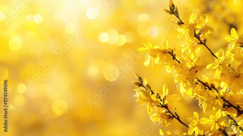 flowering forsythia in springtime sunshine, floral spring background banner concept with copy space and defocused lights in saturated yellow color