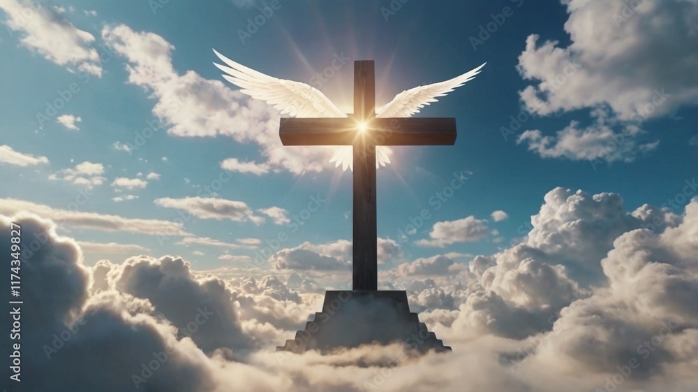 Jesus cross symbol on infinite sky background, with white angel wings