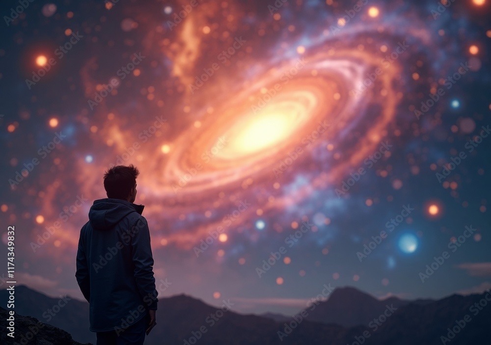 Person gazes upon a vivid galaxy in a starry night sky Person gazes upon a vivid galaxy in a starry night sky