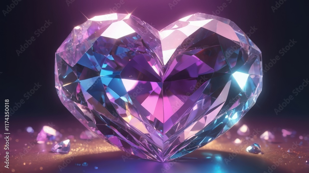 3D Rendering of a Crystal Heart with Colorful Reflections and Light 3D Rendering of a Crystal Heart with Colorful Reflections and Light