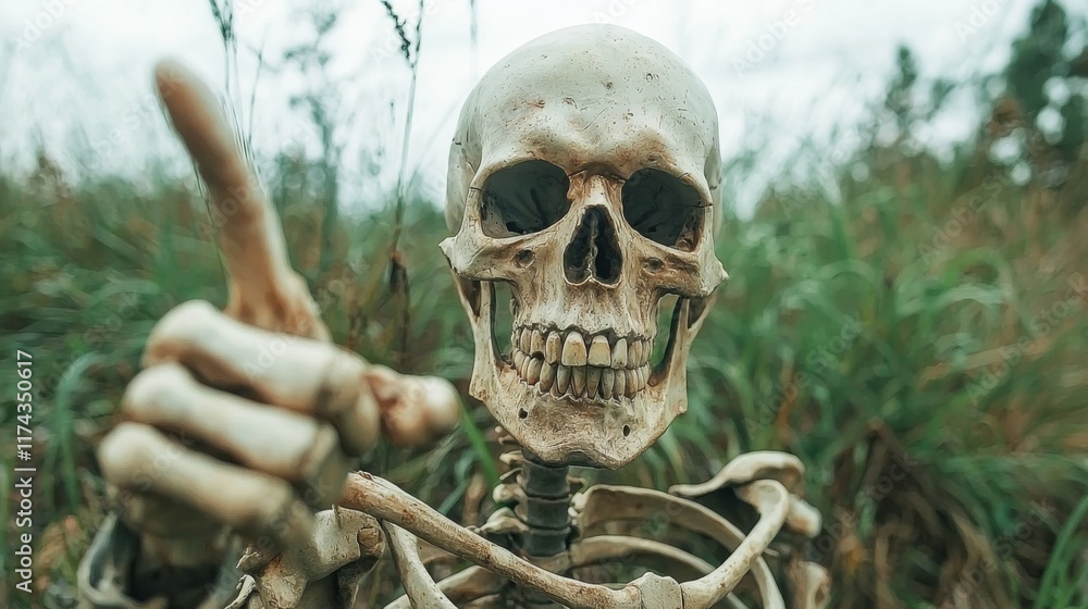 Skeleton gestures in tall grass during overcast afternoon in a rural setting Skeleton gestures in tall grass during overcast afternoon in a rural setting