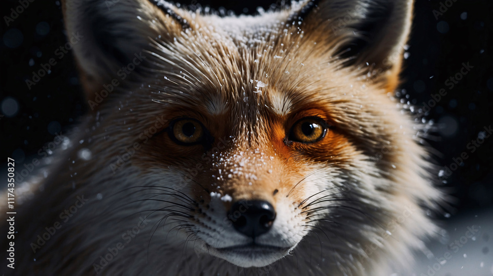 Obraz premium Elegant and majestic snow fox in winter snowflakes on its fur professionally captured on a dark background that highlights the beauty of the scene