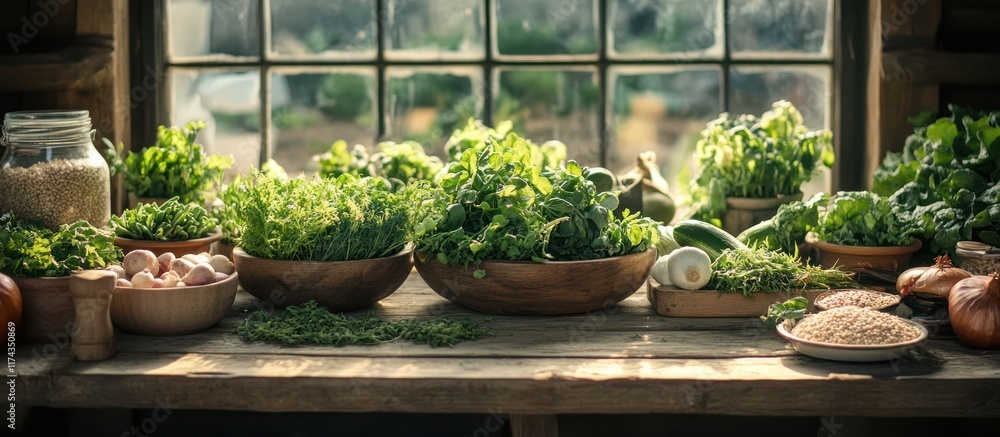 Fototapeta premium Fresh herbs, vegetables, and grains arranged on a wooden table in front of a window.