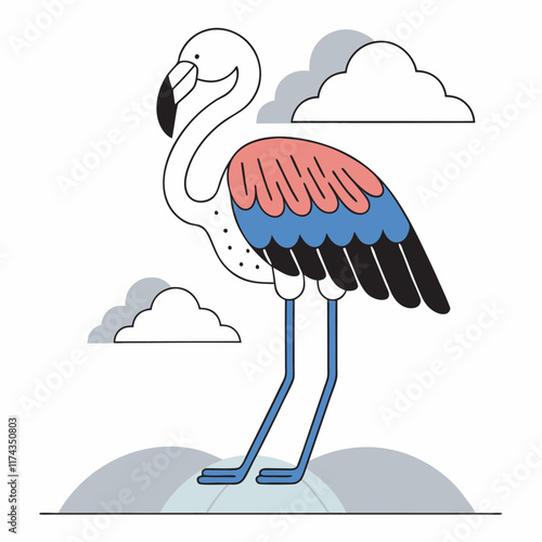 Exotic pink flamingos birds. A Flamingo with rose feathers stands on one leg. Rosy plumage flam bird cartoon vector illustration