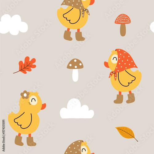 Seamless pattern of cute little ducks wearing head scarf,  boots with cloud, mushroom and autumn leaves on light brown background for baby textiles, apparel, nursery decor, gift wrapping paper.