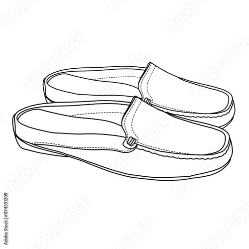 Women's Mules Slipper Loafer Shoes Line art, Technical sketch hand drawing outline vector doodle side view isolated on white background for coloring page