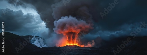 The dramatic eruption of Mount Yasur volcano on Tanna Island, Vanuatu, Volcanic scene photo