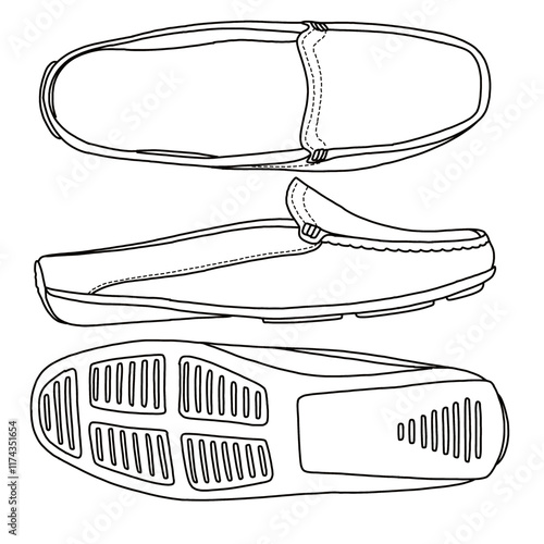 Women's Mules Slipper Loafer Shoes Line art, Technical sketch hand drawing outline vector doodle top, side and bottom view isolated on white background for coloring page