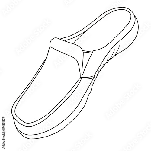Women's slip on Backless Loafer Shoes Line art, Technical sketch hand drawing outline vector doodle side 3D isometric view isolated on white background for coloring page