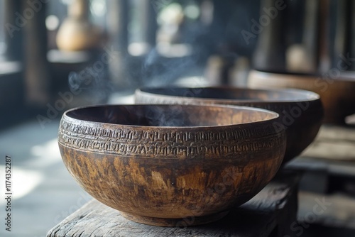 Closeup of a rustic wooden bowl on a wooden table photo