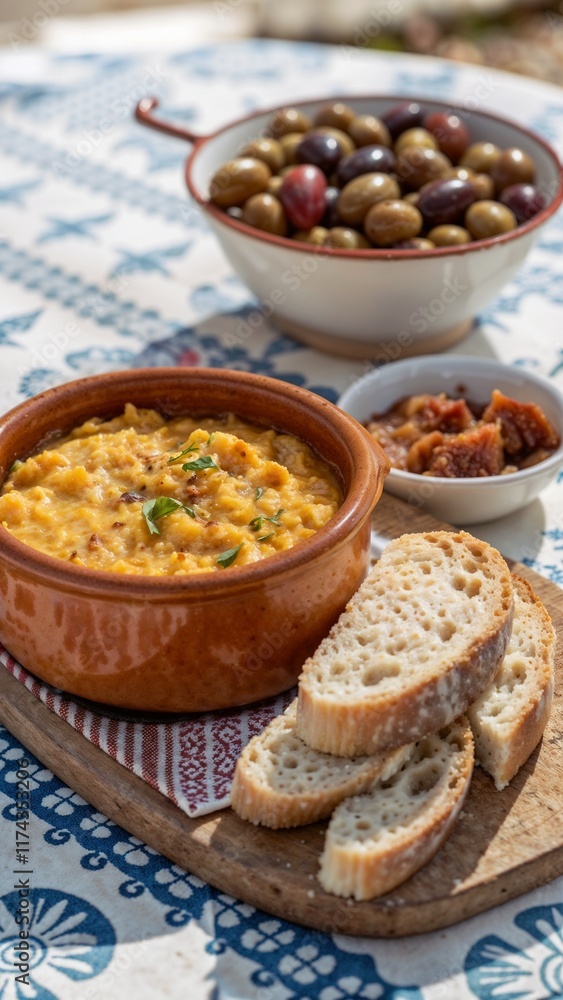 Amaranth porridge served in a clay bowl with bread and olives on a rustic table Amaranth porridge served in a clay bowl with bread and olives on a rustic table