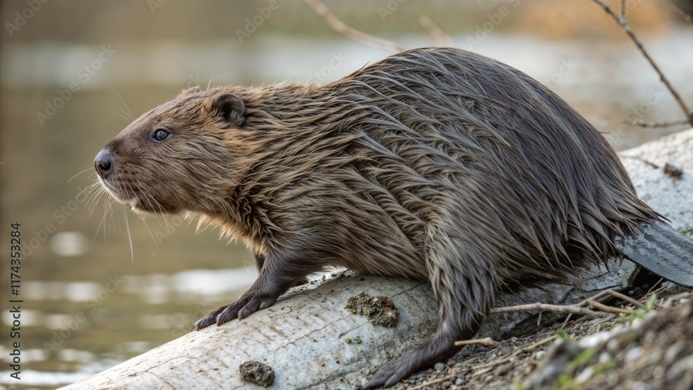 Beaver sitting on a log by the water, showcasing its flat tail Beaver sitting on a log by the water, showcasing its flat tail
