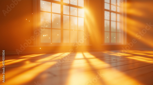 Warm golden sunlight streaming through windows onto a wooden floor. photo