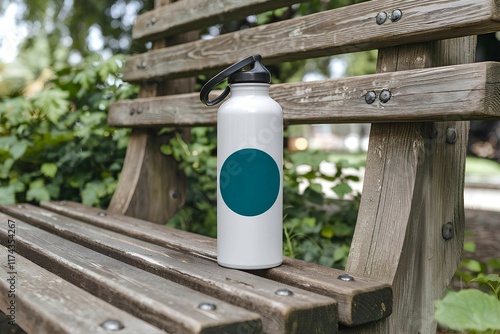 A blank green circular sticker mockup is attached to a water bottle which is kept is park chair