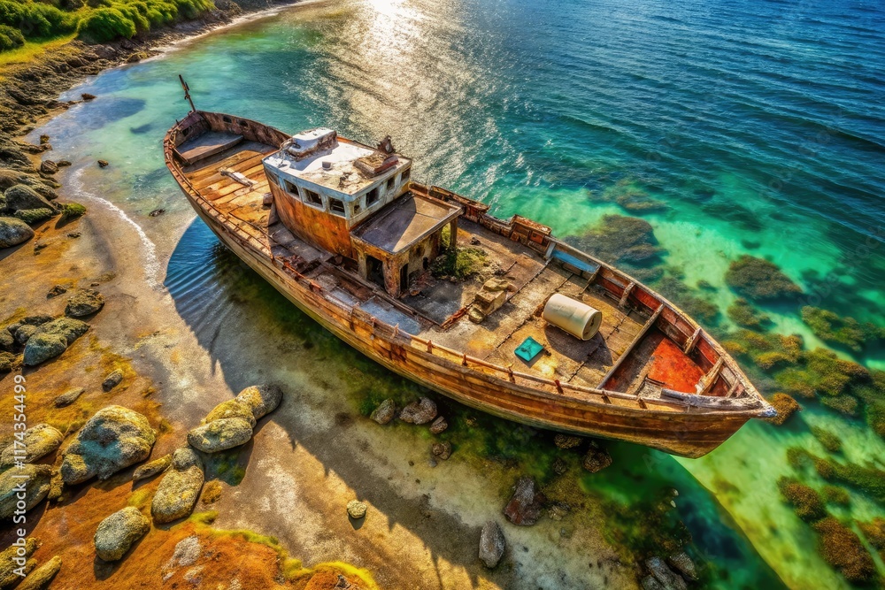 Obraz premium Rusty Fishing Boat Drone Shot - Generative AI Art