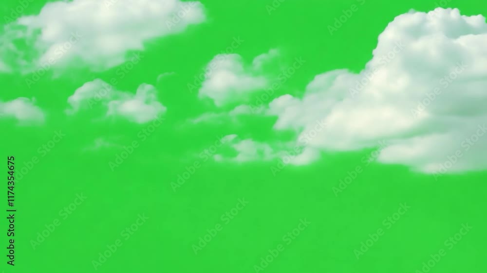 White Clouds Drifting Across a Green Screen: An ethereal background of fluffy white clouds gliding across a vibrant green screen.