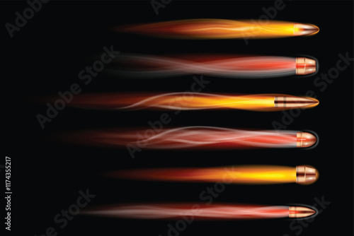 Set illustration of six bullets in motion, each with vibrant trails of light and motion blur against a black background. The bullets are depicted at various stages of velocity, emphasizing speed