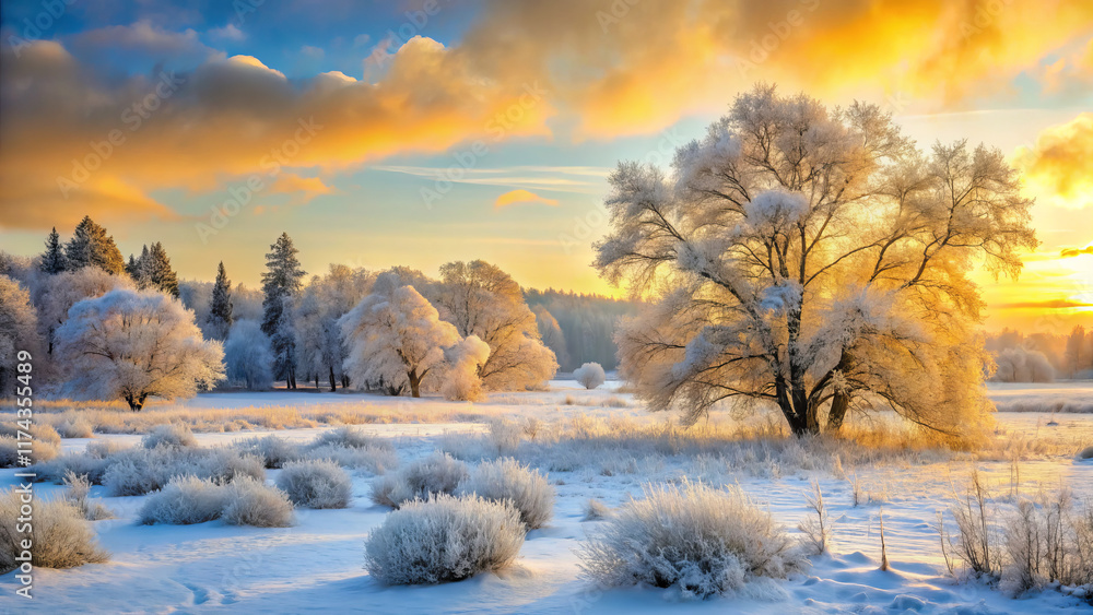 Naklejka premium serene winter landscape with snow covered trees and colorful sunset